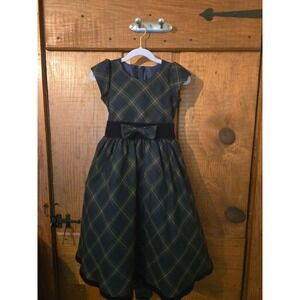 SWEA PEA & LILLI Girls Navy Green Plaid Velvet Bow Holiday Dress - Size 5